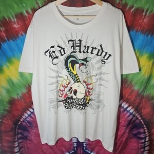 Ed Hardy White Graphic Tee with Snake and Skull - Size XL